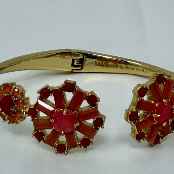 Kate Spade Red coral Sunburst Cluster Hinged Cuff Bracelet | Gold Tone - Picture 2 of 7